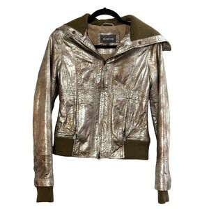Firetrap Freud Metallic Leather Moto Bomber Jacket Coat - Women’s XS